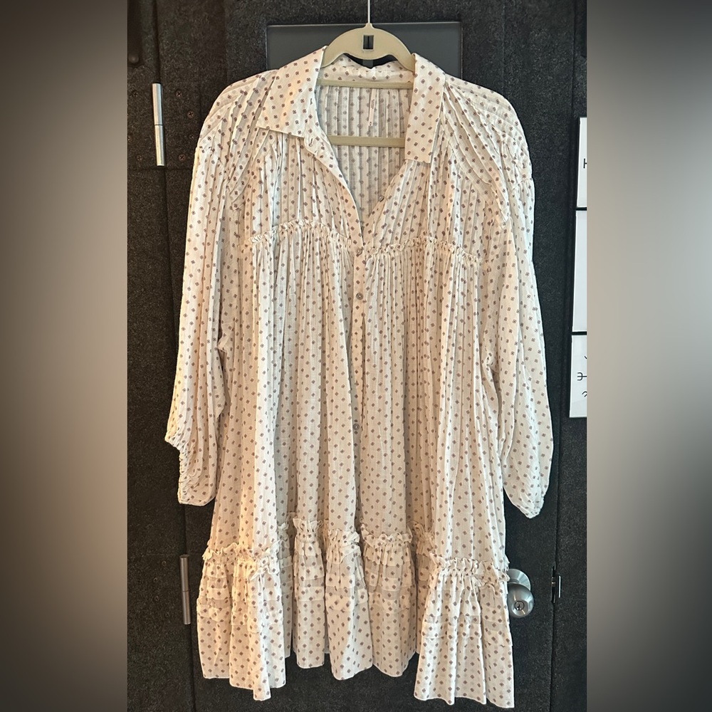 Free People - Cream Tiny Floral Mini Dress - Long Sleeve with Pockets